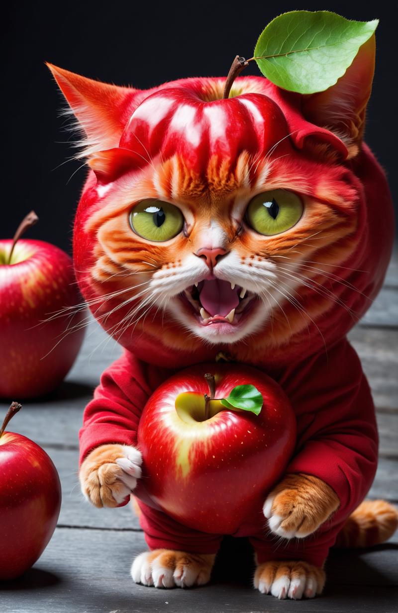 5070948-3345592938-🐱🍎😡 Angry Cat ,Apple Face  , The kitten wore a red apple suit with big and small clothes that added a bit of silliness, and the.png